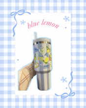 Load image into Gallery viewer, Blue Lemon Striped 40oz Tumbler | Summer Aesthetic | Lemons &amp; Flowers | Lemon and Bow | Summer Tumbler | Trendy Summer Tumblers
