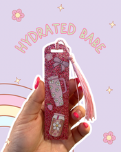 Load image into Gallery viewer, Iced Coffee &amp; Emotional Support Water Bottle Acrylic Pink Glitter Bookmark | White Daisies | Pink Bows | Strawberries
